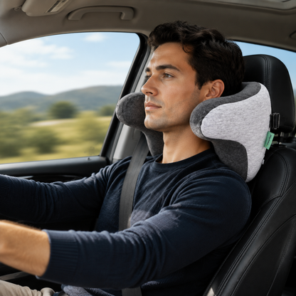 Ergonomic Car Neck Pillow Memory Foam Headrest Cushion (Grey) Adjustable Strap Breathable Neck Support Car Seat Travel Comfort Accessories