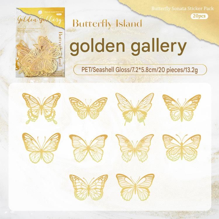 Gold Butterfly Holographic Cake Stickers PET Seashell Gloss Butterfly Cake Decorations DIY Dessert Toppers Party Supplies 20pcs x 2 Packs