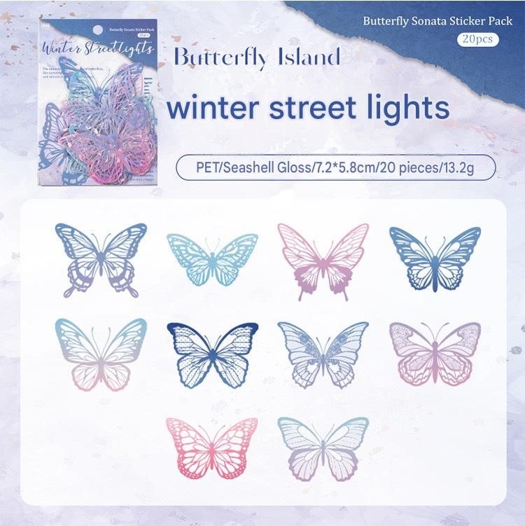 Color Butterfly Holographic Cake Stickers PET Seashell Gloss Butterfly Cake Decorations DIY Dessert Toppers Party Supplies 20pcs x 2 Packs