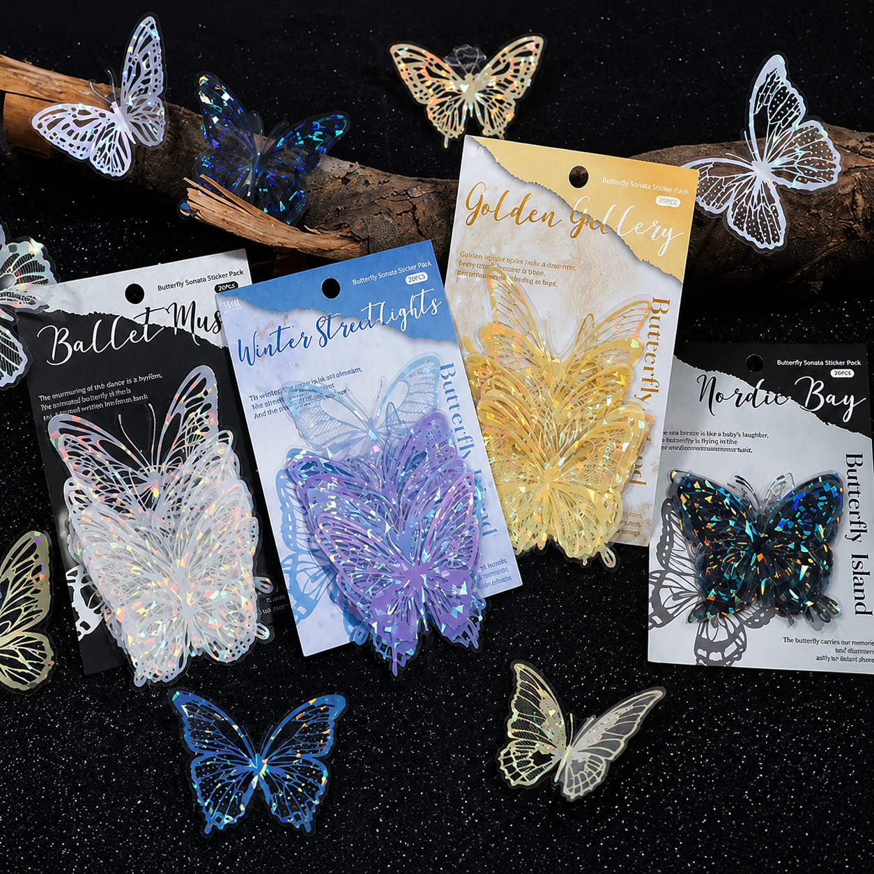 Color Butterfly Holographic Cake Stickers PET Seashell Gloss Butterfly Cake Decorations DIY Dessert Toppers Party Supplies 20pcs x 2 Packs