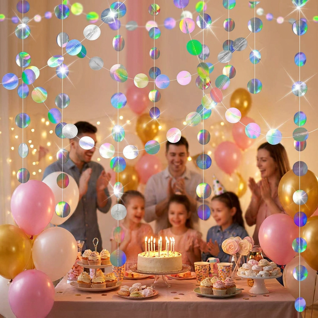 Iridescent Circle Garland 2 Pack 3m Each Holographic Hanging Party Decoration Circular Bunting Streamer Birthday Wedding Event Decor Lightweight Easy Setup