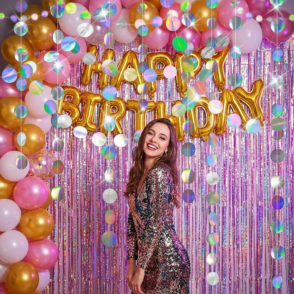 Iridescent Circle Garland 2 Pack 3m Each Holographic Hanging Party Decoration Circular Bunting Streamer Birthday Wedding Event Decor Lightweight Easy Setup