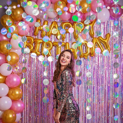 Iridescent Circle Garland 2 Pack 3m Each Holographic Hanging Party Decoration Circular Bunting Streamer Birthday Wedding Event Decor Lightweight Easy Setup