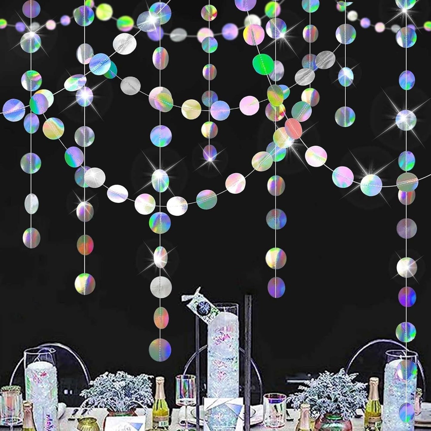 Iridescent Circle Garland 2 Pack 3m Each Holographic Hanging Party Decoration Circular Bunting Streamer Birthday Wedding Event Decor Lightweight Easy Setup