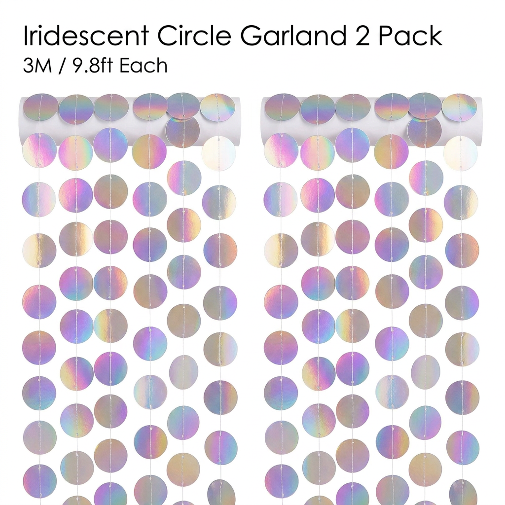 Iridescent Circle Garland 2 Pack 3m Each Holographic Hanging Party Decoration Circular Bunting Streamer Birthday Wedding Event Decor Lightweight Easy Setup