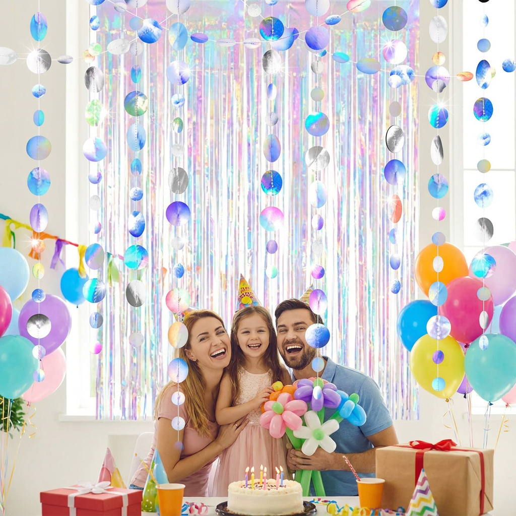 Iridescent Mixed Size Circle Sequin Garland 2 Pack 3m Each Holographic Round Disc Hanging Party Decoration Streamer Birthday Wedding Event Decor Lightweight Easy Setup