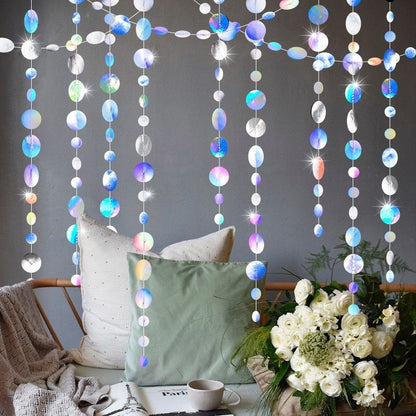 Iridescent Mixed Size Circle Sequin Garland 2 Pack 3m Each Holographic Round Disc Hanging Party Decoration Streamer Birthday Wedding Event Decor Lightweight Easy Setup