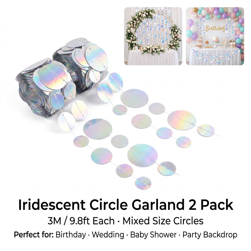 Iridescent Mixed Size Circle Sequin Garland 2 Pack 3m Each Holographic Round Disc Hanging Party Decoration Streamer Birthday Wedding Event Decor Lightweight Easy Setup