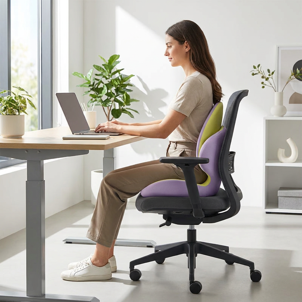 Purple Ergonomic Memory Foam Seat Cushion with Lumbar Support - Integrated Backrest Design, Breathable Hollow Core for Office and Car Use