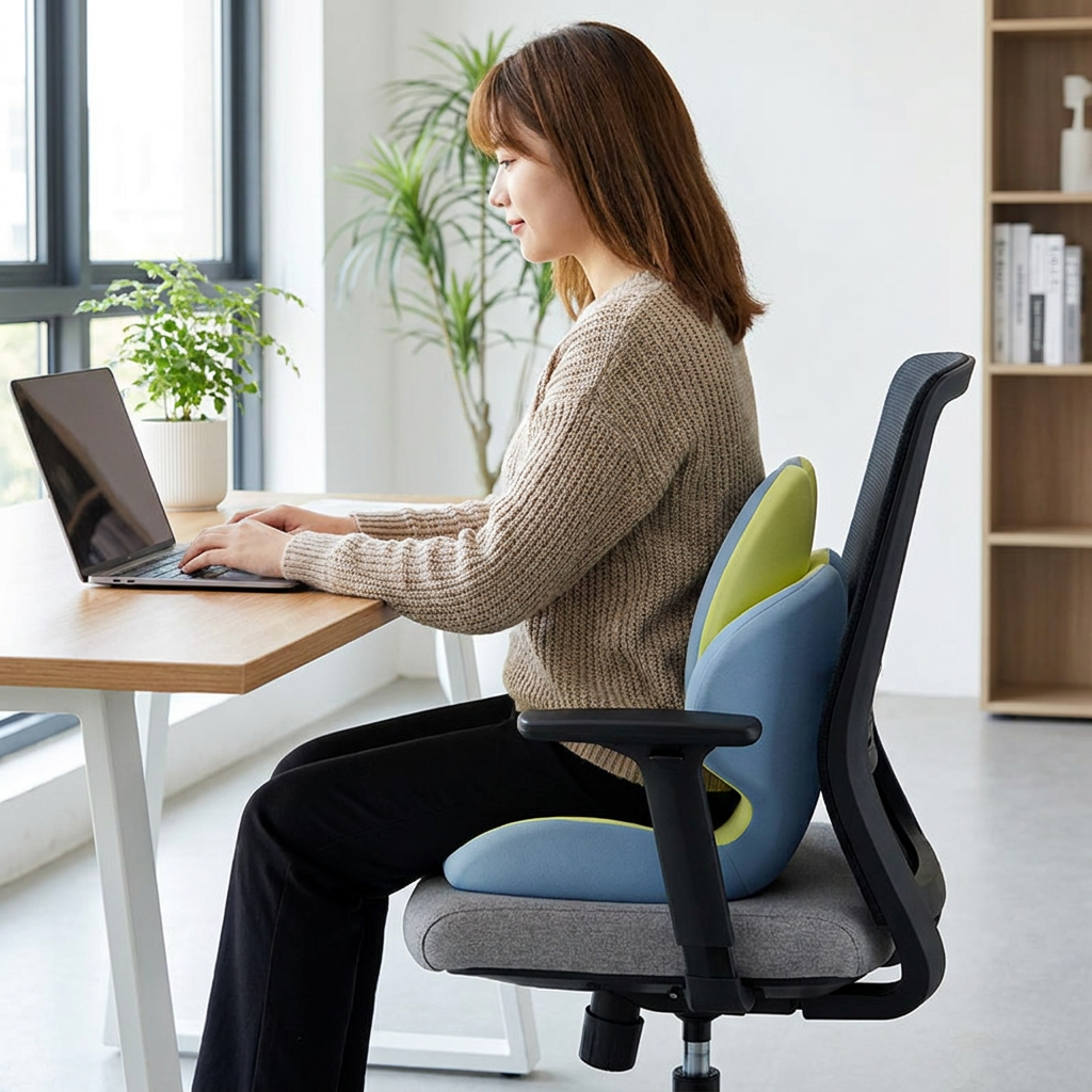 Blue Ergonomic Memory Foam Seat Cushion with Lumbar Support - Integrated Backrest Design, Breathable Hollow Core for Office and Car Use