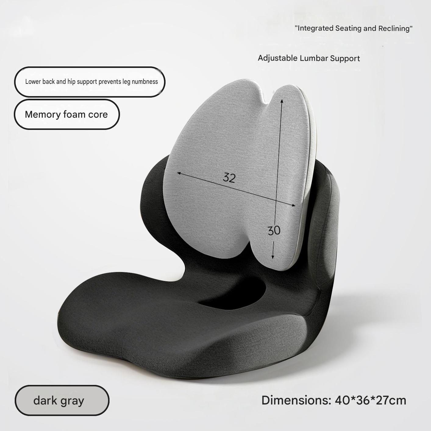 Black Ergonomic Memory Foam Seat Cushion with Lumbar Support - Integrated Backrest Design, Breathable Hollow Core for Office and Car Use
