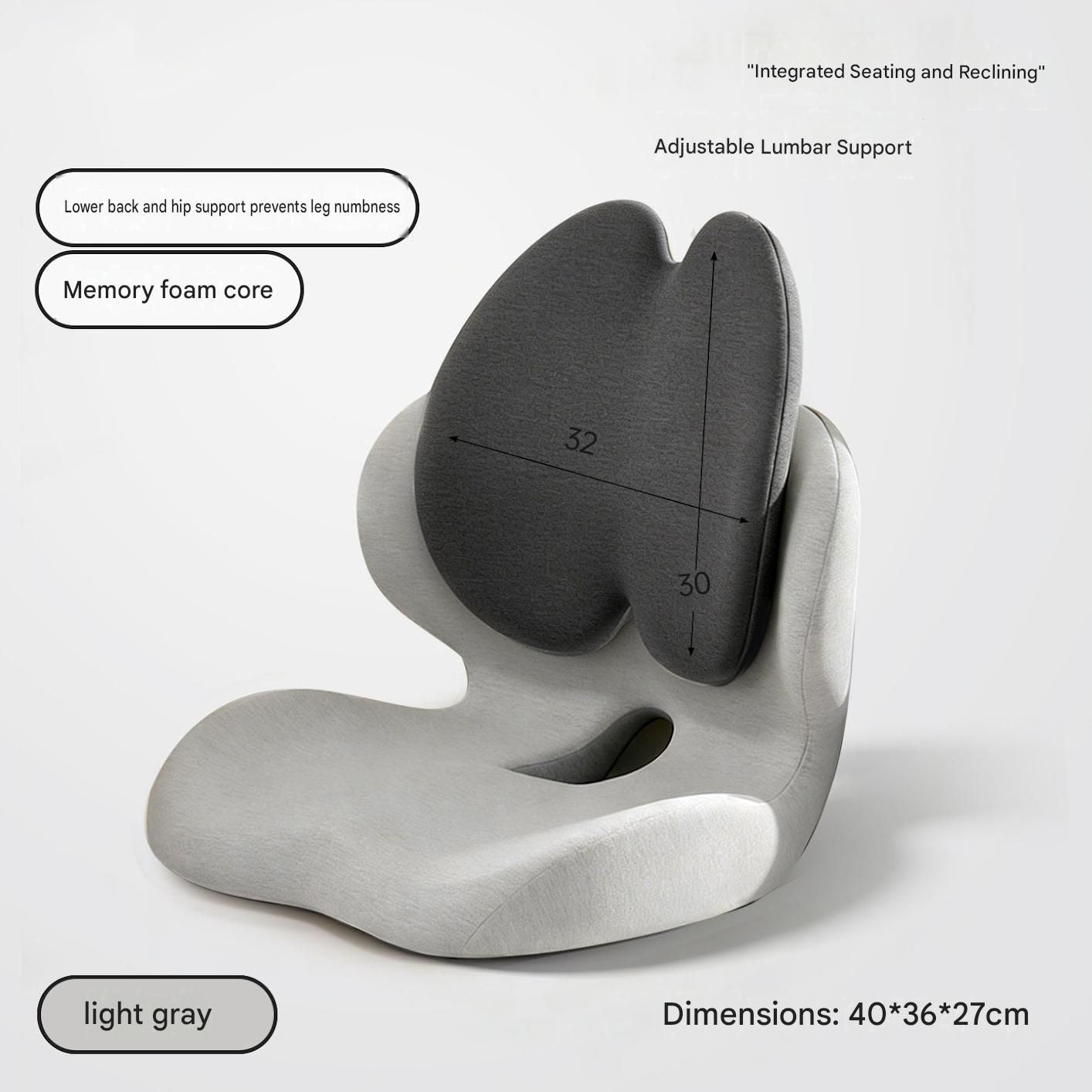 Gray Ergonomic Memory Foam Seat Cushion with Lumbar Support - Integrated Backrest Design, Breathable Hollow Core for Office and Car Use
