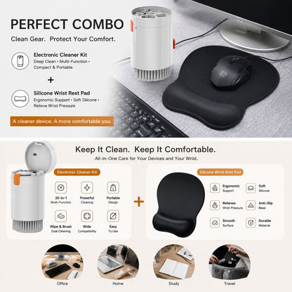 Black silicone wrist rest with 20-in-1 electronics cleaning kit - portable multi-functional brush set, ergonomic mouse pad, suitable for office and travel.