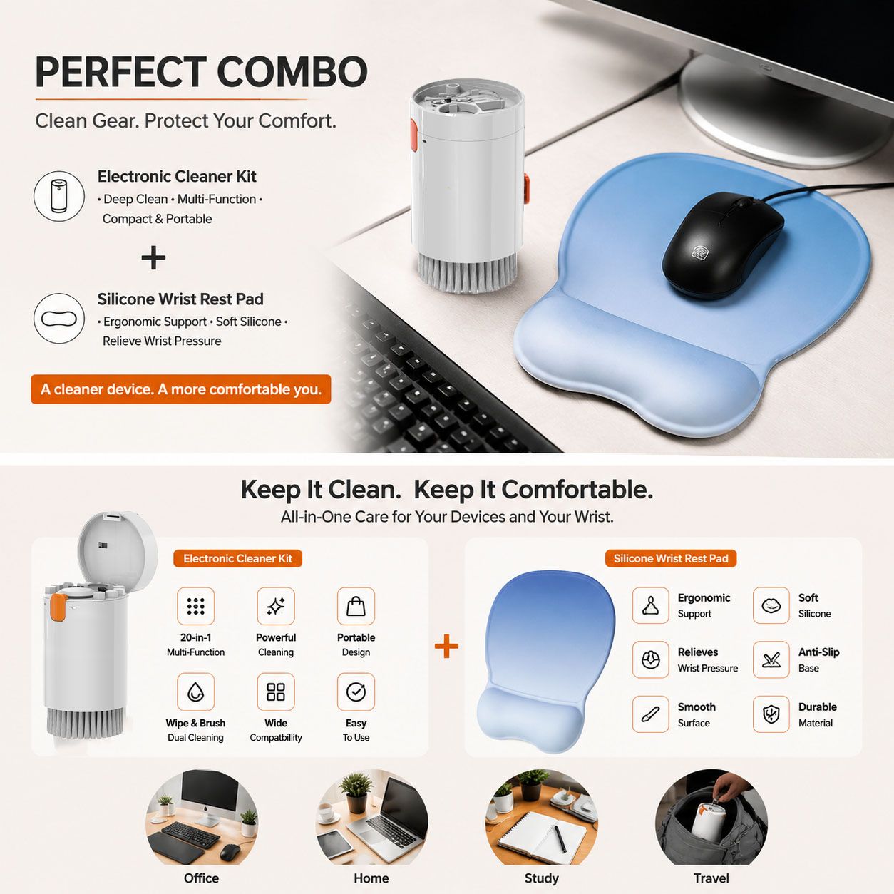 Gradient Blue silicone wrist rest with 20-in-1 electronics cleaning kit - portable multi-functional brush set, ergonomic mouse pad, suitable for office and travel.