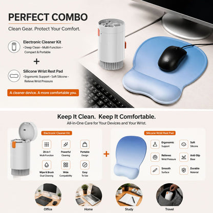 Gradient Blue silicone wrist rest with 20-in-1 electronics cleaning kit - portable multi-functional brush set, ergonomic mouse pad, suitable for office and travel.