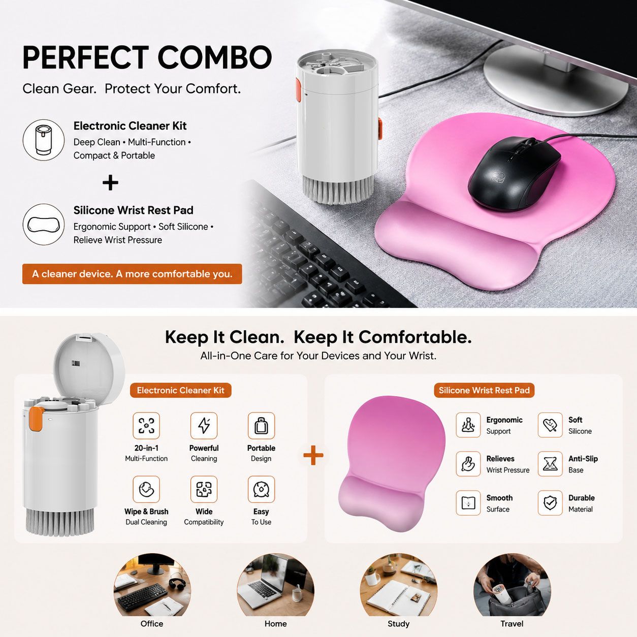 Gradient Pinkish White silicone wrist rest with 20-in-1 electronics cleaning kit - portable multi-functional brush set, ergonomic mouse pad, suitable for office and travel.