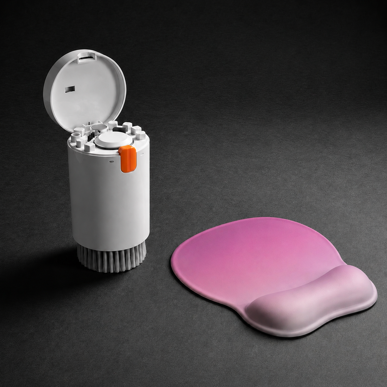 Gradient Pinkish White silicone wrist rest with 20-in-1 electronics cleaning kit - portable multi-functional brush set, ergonomic mouse pad, suitable for office and travel.