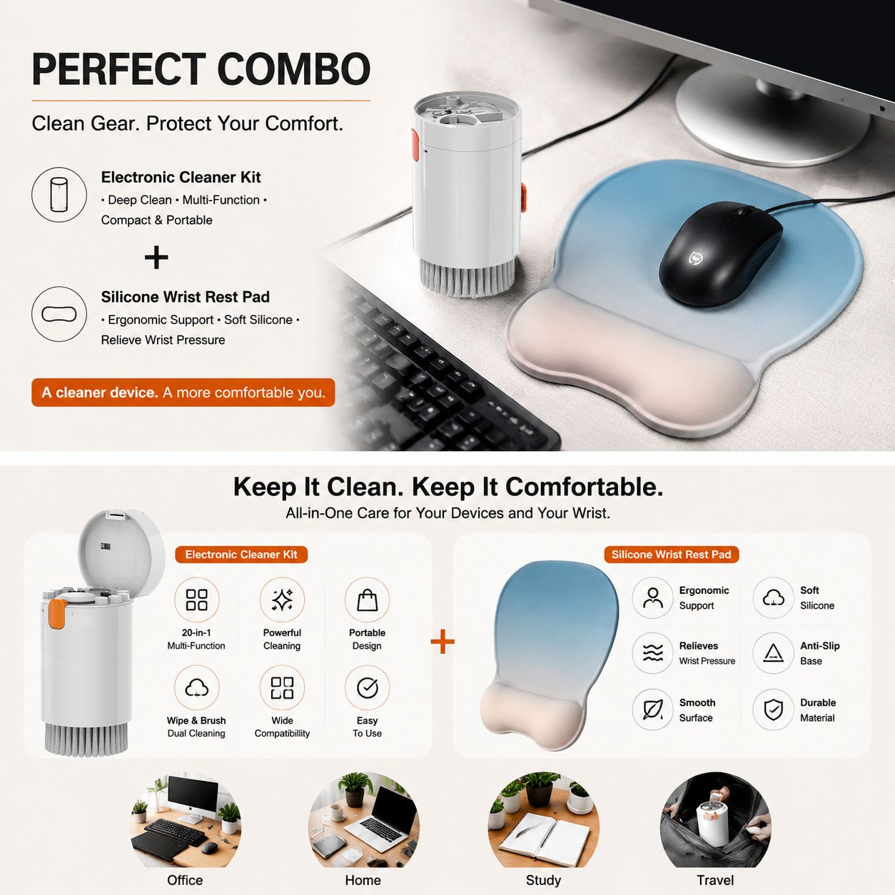 Gradient Light Blue silicone wrist rest with 20-in-1 electronics cleaning kit - portable multi-functional brush set, ergonomic mouse pad, suitable for office and travel.