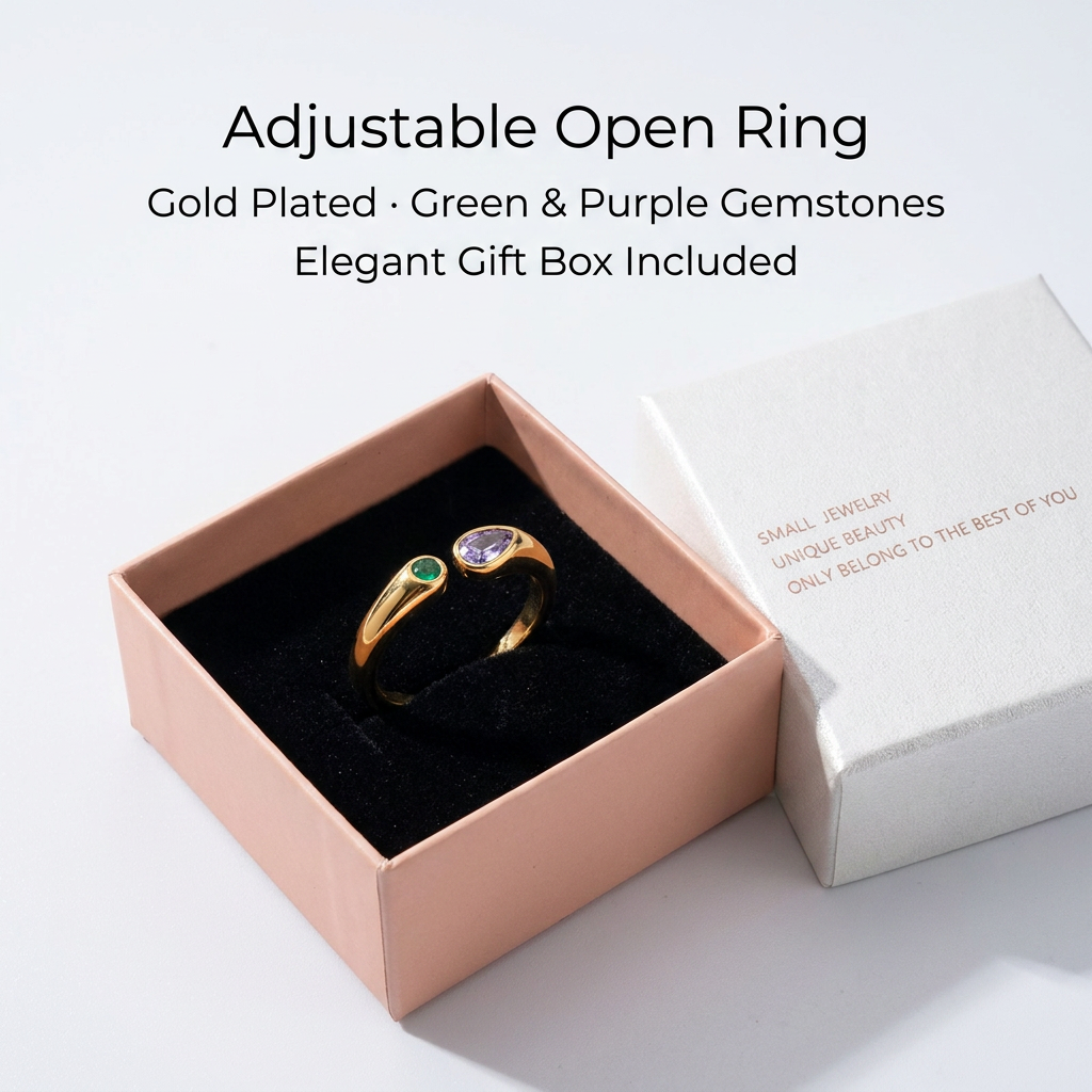 Adjustable Birthstone(February) Open Ring Set 18K Gold Plated Stainless Steel Minimalist Dainty Stackable Gemstone Rings Personalized Jewelry Gift Box Included Everyday Wear Gift