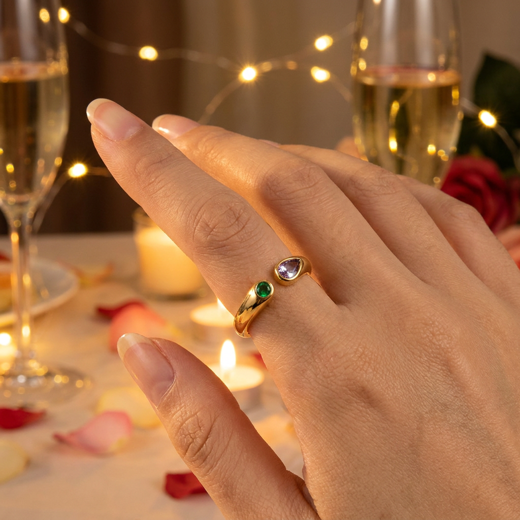 Adjustable Birthstone(February) Open Ring Set 18K Gold Plated Stainless Steel Minimalist Dainty Stackable Gemstone Rings Personalized Jewelry Gift Box Included Everyday Wear Gift