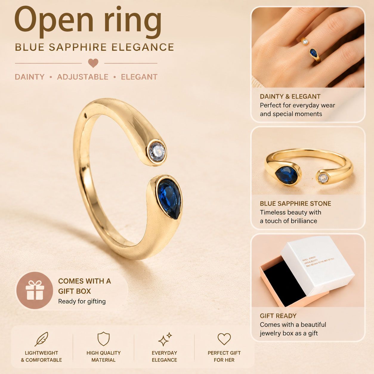 Adjustable Birthstone(September) Open Ring Set 18K Gold Plated Stainless Steel Minimalist Dainty Stackable Gemstone Rings Personalized Jewelry Gift Box Included Everyday Wear Gift