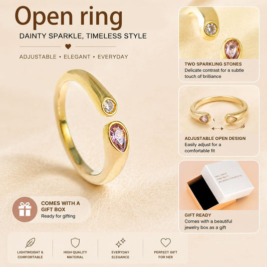 Adjustable Birthstone(October) Open Ring Set 18K Gold Plated Stainless Steel Minimalist Dainty Stackable Gemstone Rings Personalized Jewelry Gift Box Included Everyday Wear Gift