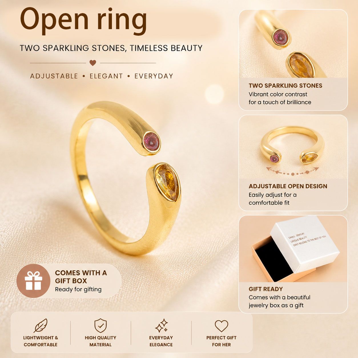 Adjustable Birthstone(November) Open Ring Set 18K Gold Plated Stainless Steel Minimalist Dainty Stackable Gemstone Rings Personalized Jewelry Gift Box Included Everyday Wear Gift