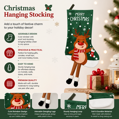 Christmas Reindeer Hanging Stocking - Festive Green Christmas Reindeer Design Hanging Sock with Dangling Legs Plush Holiday Fireplace Tree Decoration Gift Storage Bag for Home Seasonal Decor