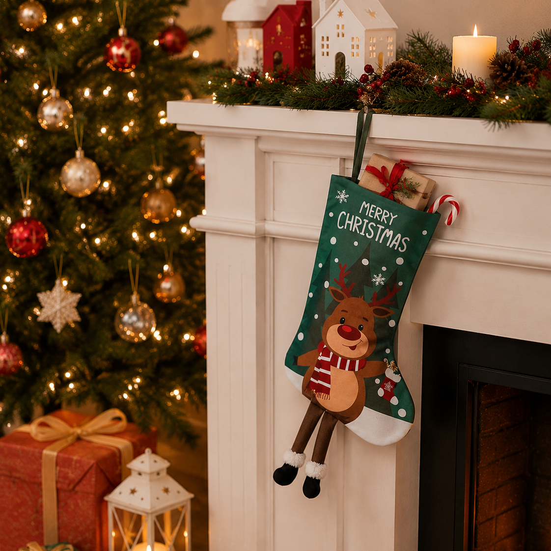 Christmas Reindeer Hanging Stocking - Festive Green Christmas Reindeer Design Hanging Sock with Dangling Legs Plush Holiday Fireplace Tree Decoration Gift Storage Bag for Home Seasonal Decor