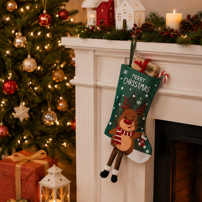 Christmas Reindeer Hanging Stocking - Festive Green Christmas Reindeer Design Hanging Sock with Dangling Legs Plush Holiday Fireplace Tree Decoration Gift Storage Bag for Home Seasonal Decor