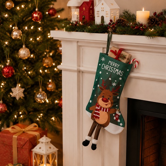 Christmas Reindeer Hanging Stocking - Festive Green Christmas Reindeer Design Hanging Sock with Dangling Legs Plush Holiday Fireplace Tree Decoration Gift Storage Bag for Home Seasonal Decor