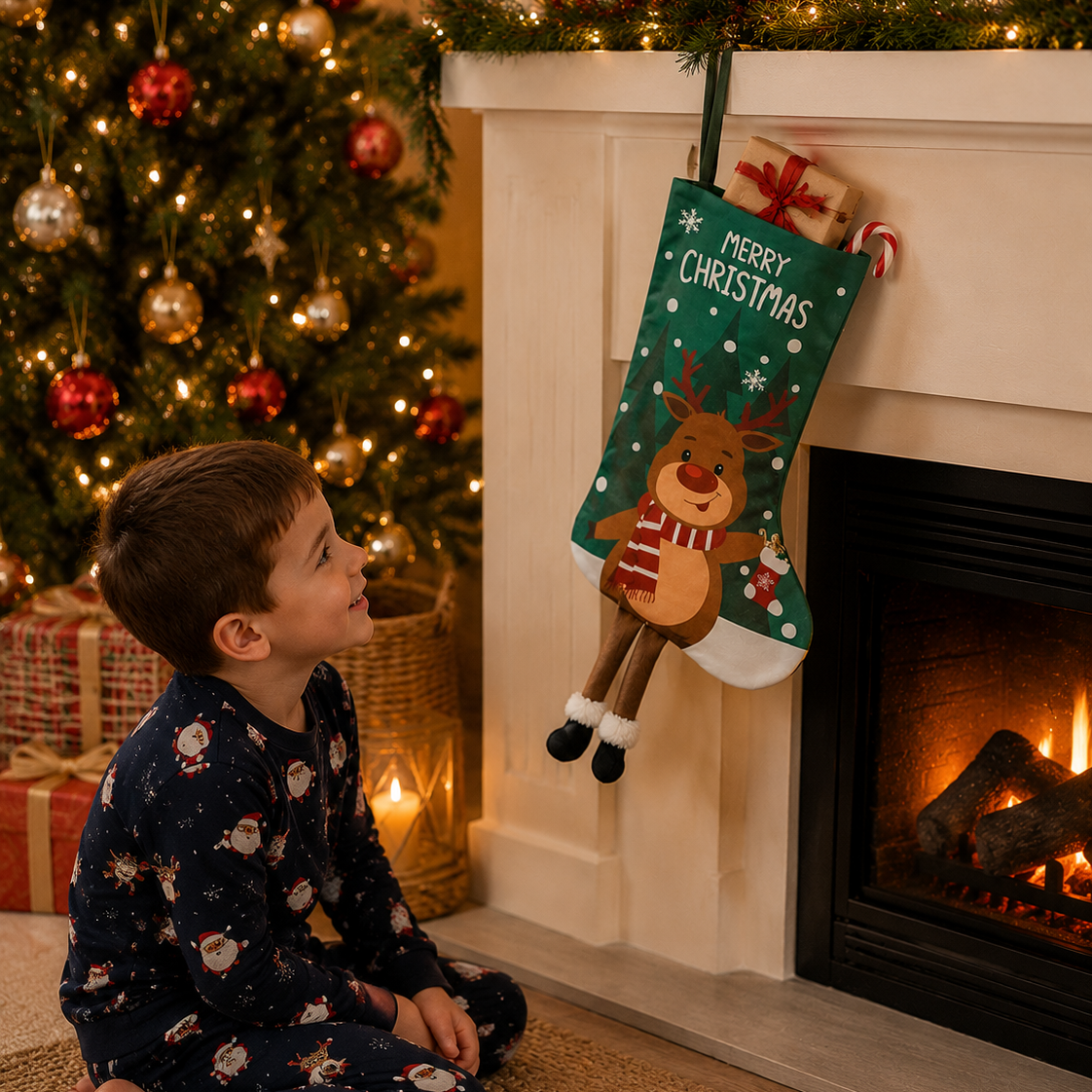 Christmas Reindeer Hanging Stocking - Festive Green Christmas Reindeer Design Hanging Sock with Dangling Legs Plush Holiday Fireplace Tree Decoration Gift Storage Bag for Home Seasonal Decor