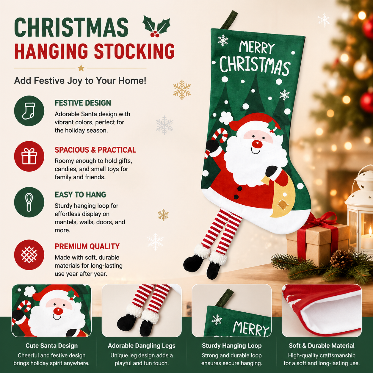 Santa Claus Hanging Stocking - Festive GreenSanta Claus Design Hanging Sock with Dangling Legs Plush Holiday Fireplace Tree Decoration Gift Storage Bag for Home Seasonal Decor