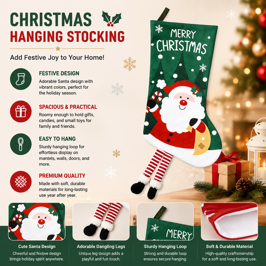 Santa Claus Hanging Stocking - Festive GreenSanta Claus Design Hanging Sock with Dangling Legs Plush Holiday Fireplace Tree Decoration Gift Storage Bag for Home Seasonal Decor