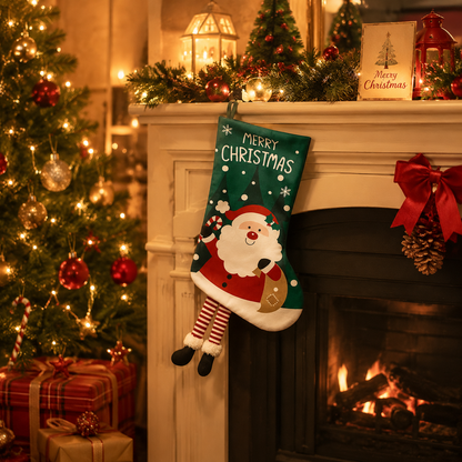 Santa Claus Hanging Stocking - Festive GreenSanta Claus Design Hanging Sock with Dangling Legs Plush Holiday Fireplace Tree Decoration Gift Storage Bag for Home Seasonal Decor