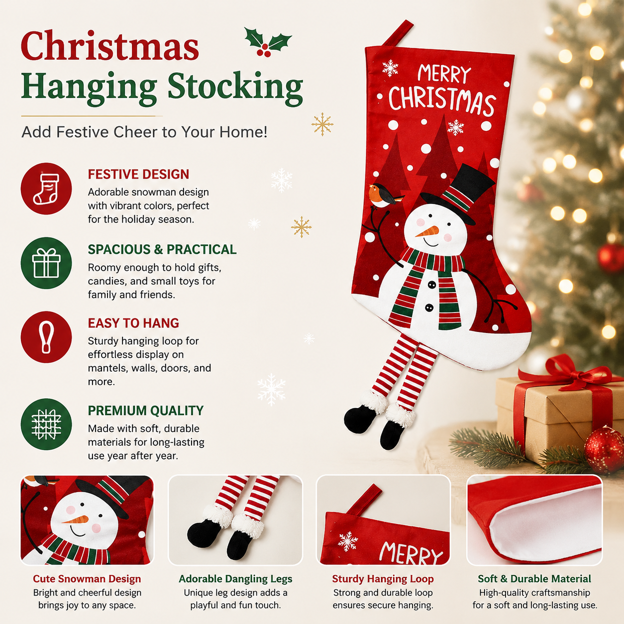Snowman Hanging Stocking - Festive Red Snowman Design Hanging Sock with Dangling Legs Plush Holiday Fireplace Tree Decoration Gift Storage Bag for Home Seasonal Decor
