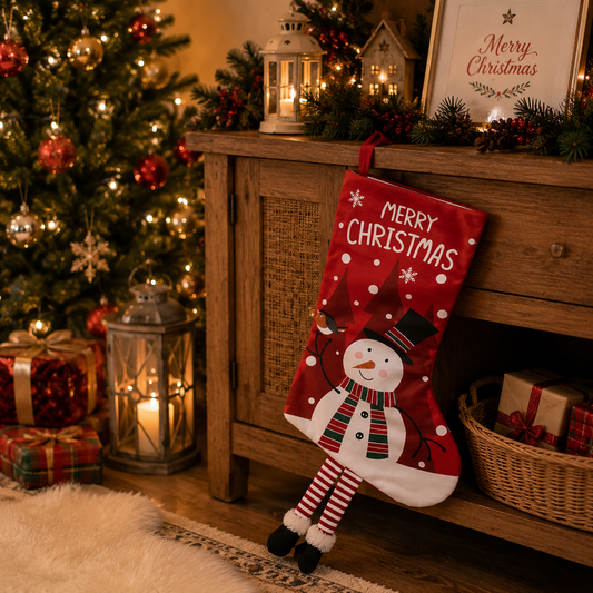 Snowman Hanging Stocking - Festive Red Snowman Design Hanging Sock with Dangling Legs Plush Holiday Fireplace Tree Decoration Gift Storage Bag for Home Seasonal Decor
