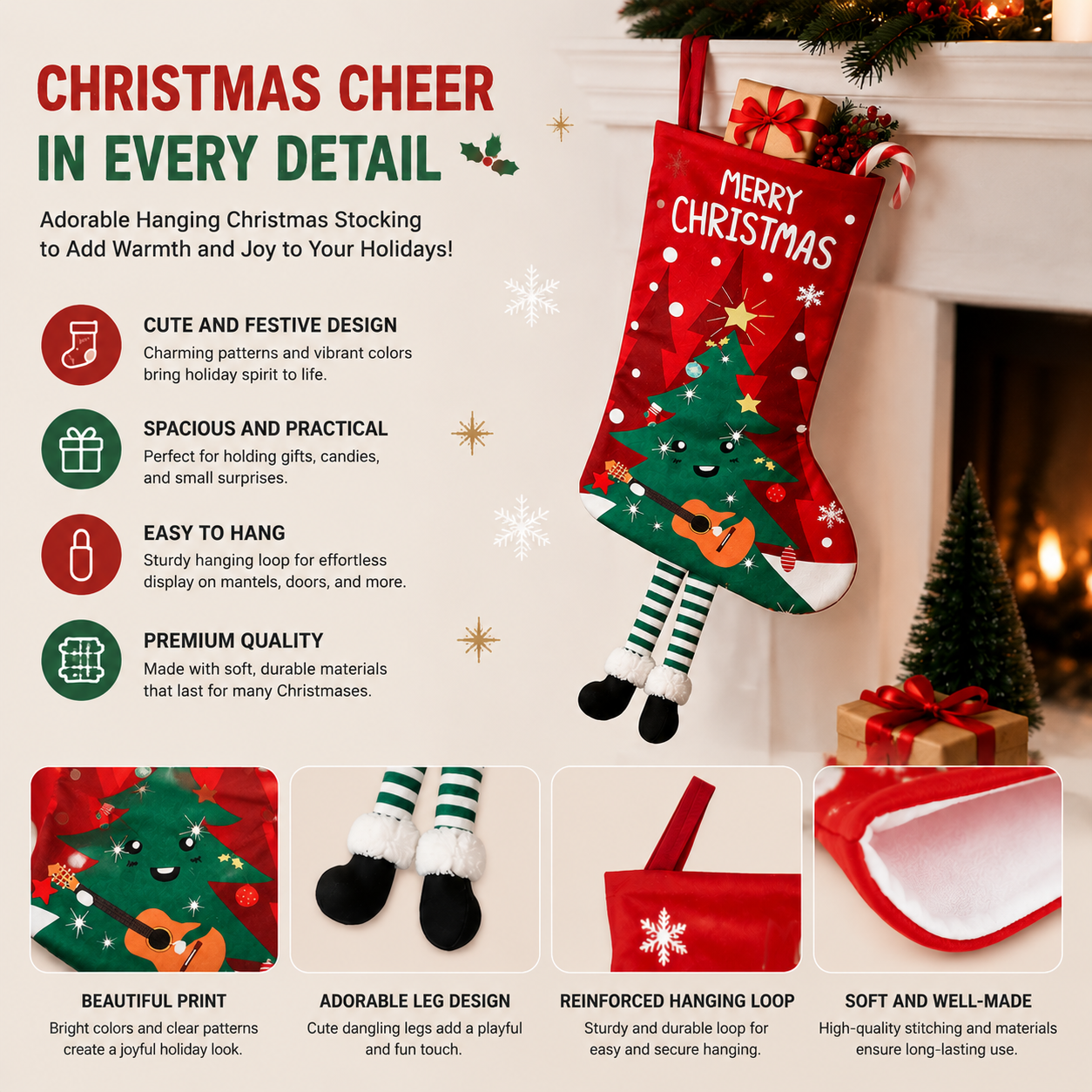 Christmas tree Hanging Stocking - Festive Red Christmas tree Design Hanging Sock with Dangling Legs Plush Holiday Fireplace Tree Decoration Gift Storage Bag for Home Seasonal Decor