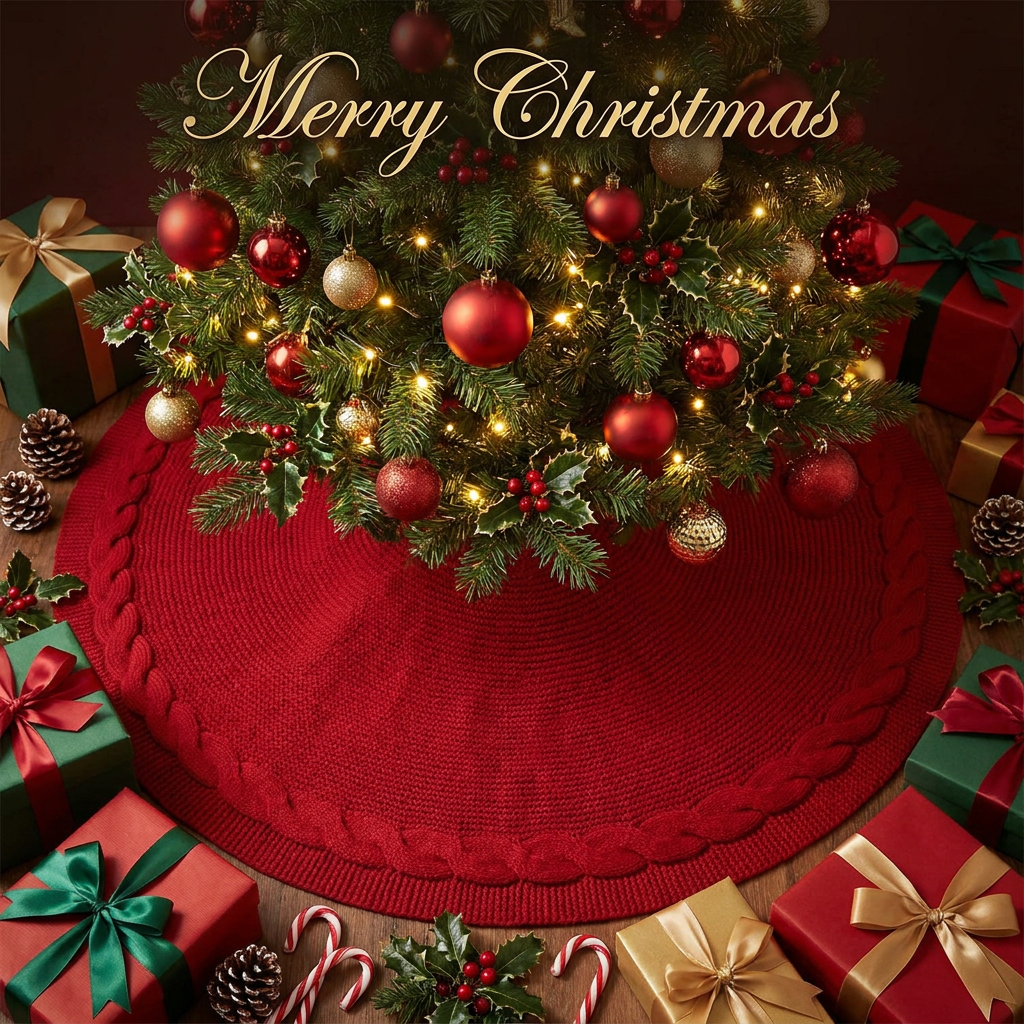 Knitted Christmas Tree Skirt 48 Inch Red Round Tree Base Cover with Cable Knit Border Soft Holiday Tree Skirt Rustic Christmas Decor for Home Fireplace Party Festive Gift Display