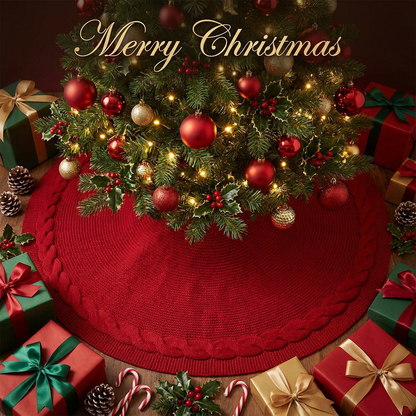 Knitted Christmas Tree Skirt 48 Inch Red Round Tree Base Cover with Cable Knit Border Soft Holiday Tree Skirt Rustic Christmas Decor for Home Fireplace Party Festive Gift Display