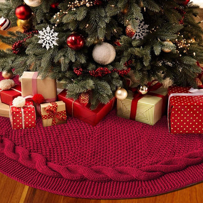 Knitted Christmas Tree Skirt 36 Inch Red Round Tree Base Cover with Cable Knit Border Soft Holiday Tree Skirt Rustic Christmas Decor for Home Fireplace Party Festive Gift Display