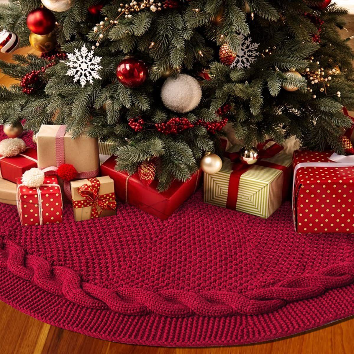 Knitted Christmas Tree Skirt 24 Inch Red Round Tree Base Cover with Cable Knit Border Soft Holiday Tree Skirt Rustic Christmas Decor for Home Fireplace Party Festive Gift Display