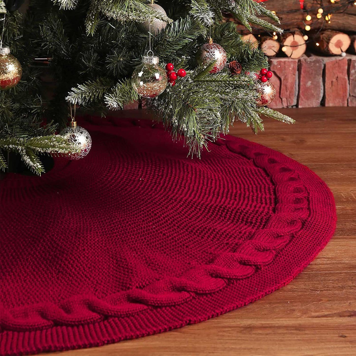 Knitted Christmas Tree Skirt 24 Inch Red Round Tree Base Cover with Cable Knit Border Soft Holiday Tree Skirt Rustic Christmas Decor for Home Fireplace Party Festive Gift Display