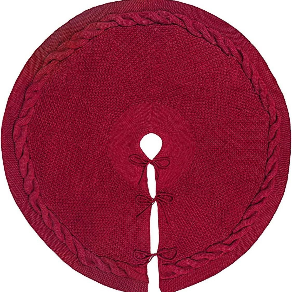 Knitted Christmas Tree Skirt 24 Inch Red Round Tree Base Cover with Cable Knit Border Soft Holiday Tree Skirt Rustic Christmas Decor for Home Fireplace Party Festive Gift Display
