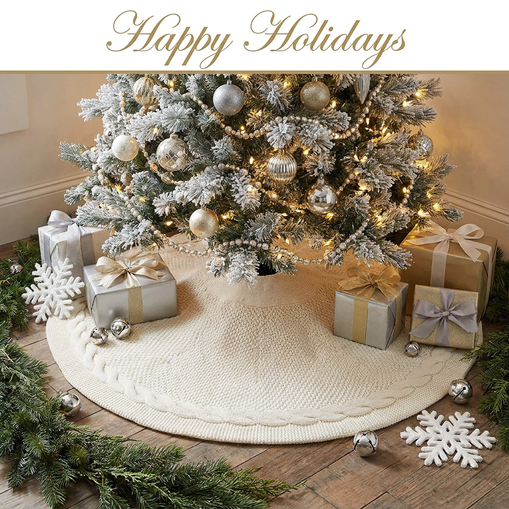 Knitted Christmas Tree Skirt 48 Inch White Round Tree Base Cover with Cable Knit Border Soft Holiday Tree Skirt Rustic Christmas Decor for Home Fireplace Party Festive Gift Display