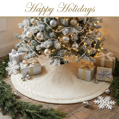 Knitted Christmas Tree Skirt 48 Inch White Round Tree Base Cover with Cable Knit Border Soft Holiday Tree Skirt Rustic Christmas Decor for Home Fireplace Party Festive Gift Display