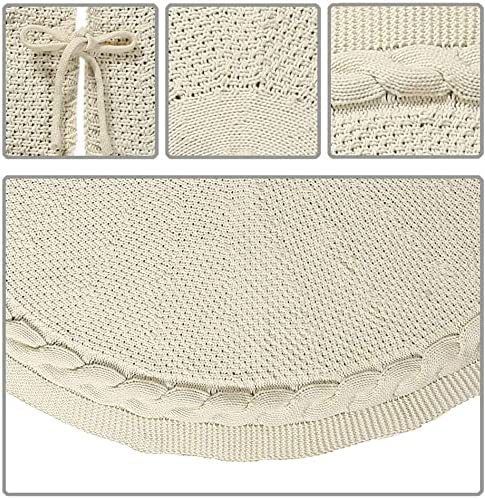 Knitted Christmas Tree Skirt 48 Inch White Round Tree Base Cover with Cable Knit Border Soft Holiday Tree Skirt Rustic Christmas Decor for Home Fireplace Party Festive Gift Display