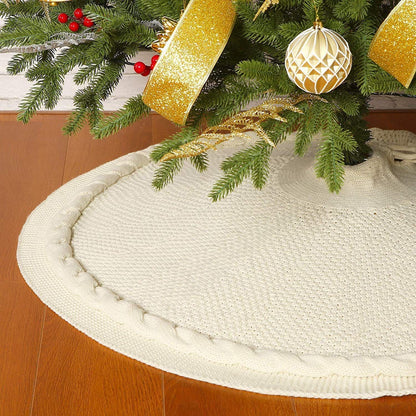 Knitted Christmas Tree Skirt 36 Inch White Round Tree Base Cover with Cable Knit Border Soft Holiday Tree Skirt Rustic Christmas Decor for Home Fireplace Party Festive Gift Display