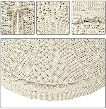 Knitted Christmas Tree Skirt 24 Inch White Round Tree Base Cover with Cable Knit Border Soft Holiday Tree Skirt Rustic Christmas Decor for Home Fireplace Party Festive Gift Display