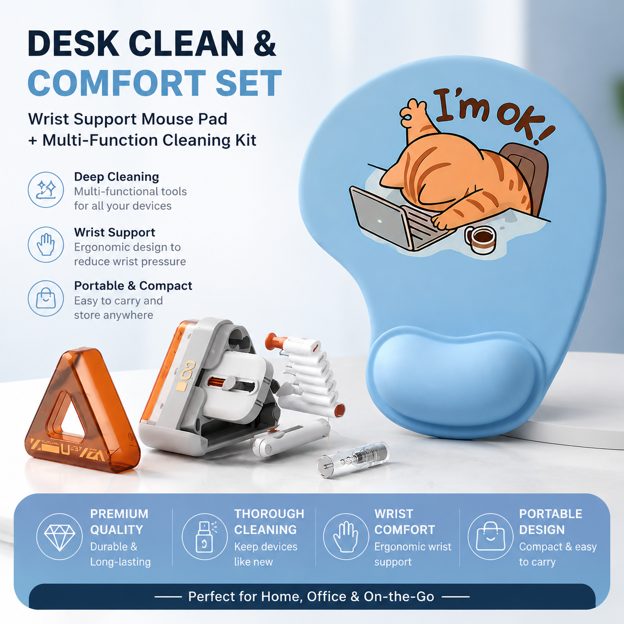 Wrist Support Mouse Pad and (Red) Desk Cleaning Kit Combo Set Ergonomic Gel Wrist Rest with Screen Keyboard Cleaning Tools for Office Home Gaming Desk Setup